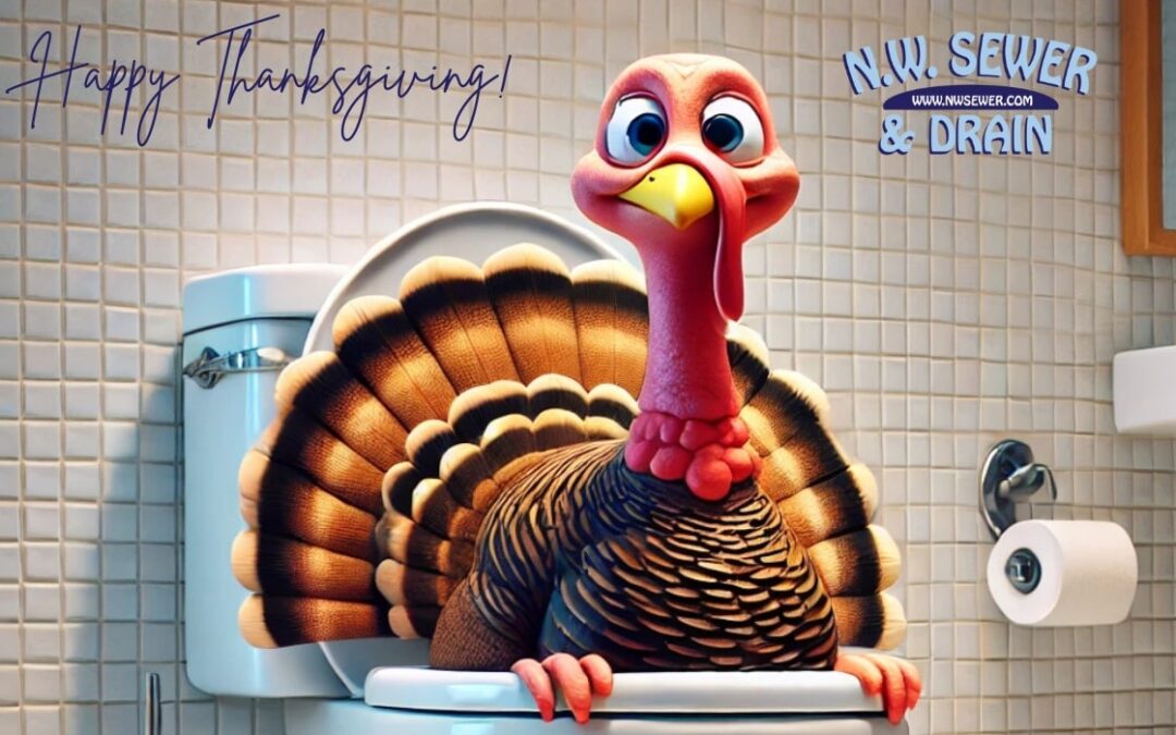 Digital Image of a turkey coming out of a toilet saying happy thanksgiving from NW Sewer & Drain